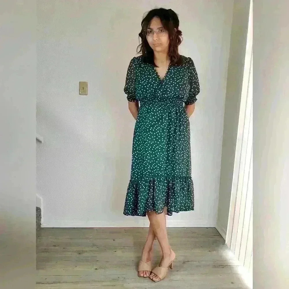 Ryan Michelle Modest Empire Waist Green Ruffled Polka Dot Midi Dress